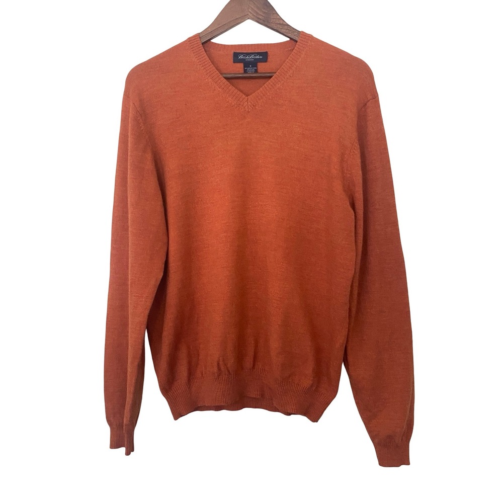 Brooks Brothers Stretch Mens V-Neck Sweater M Orange Merino Wool Blend Pullover